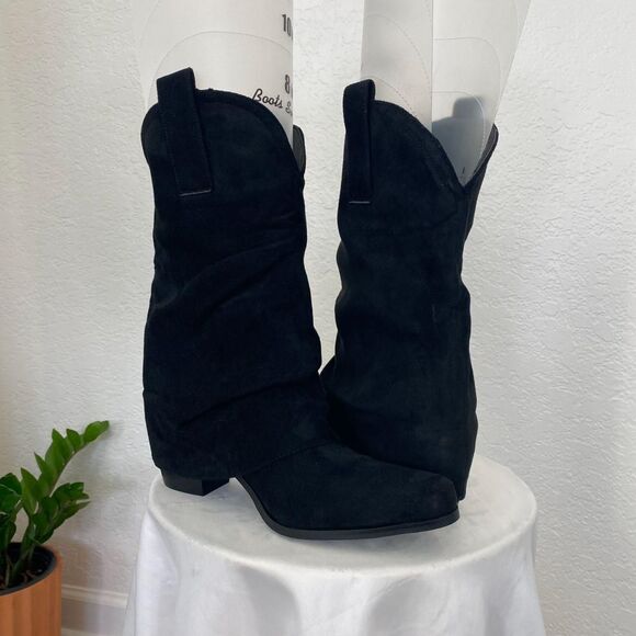 NEW Black Faux Suede Iconic Fold Over Western Style Cowboy Cowgirl Boots US 9.5 - Picture 5 of 7